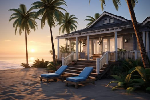 Cozy beach house and palm trees. Generative AI