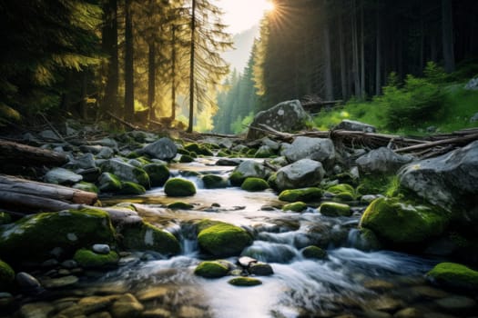 Stream flowing over colorful pebbles in a forest. Generative AI