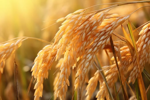 Rice stalks heavy with ripe grains, ready for harvest in a paddy field. Generative AI