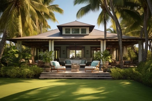 Coastal charm: a beach house surrounded by palm trees. Generative AI