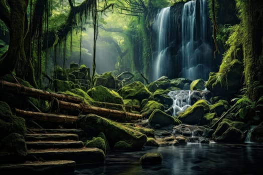 Enchanted Forest with Mossy Waterfall. Generative AI