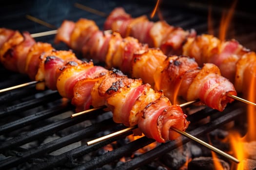 Delicious bacon wrapped shrimp skewers. Generative AI
