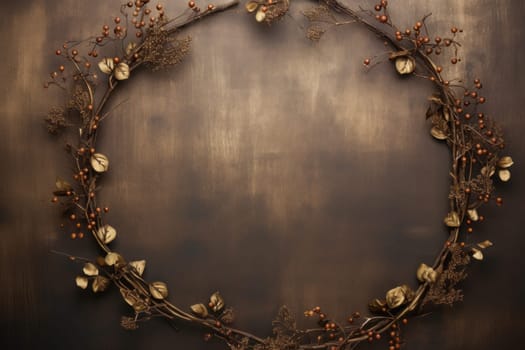 Wreath made of branches and flowers on a wall. Generative AI