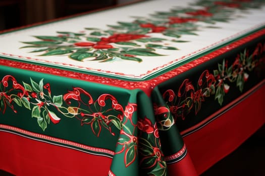 Table covered with a green and red table cloth. Generative AI