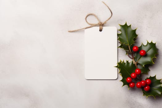 White card with holly leaves and red berries. Generative AI