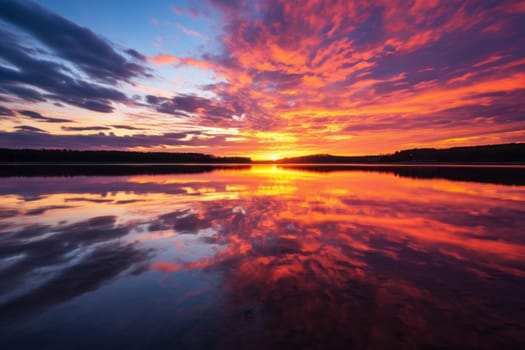 Sunset over a lake with clouds reflecting in the water. Generative AI