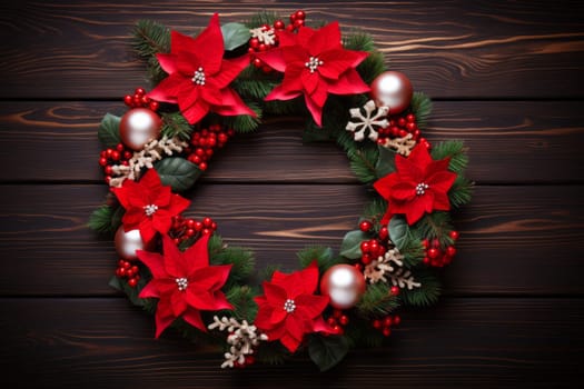 Christmas wreath with poinsettis and holly on a wooden background. Generative AI