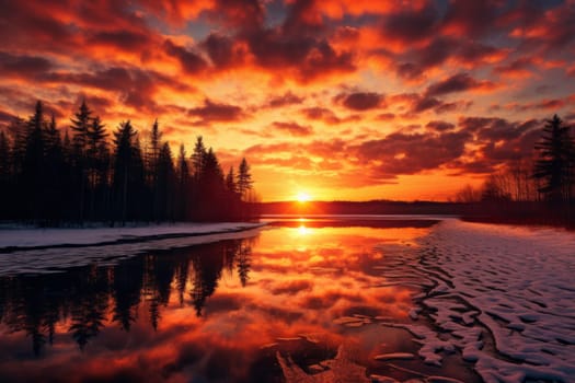The sun is setting over a frozen lake. Generative AI