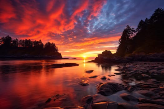 Stunning sunset over the ocean with rocks in the foreground. Generative AI