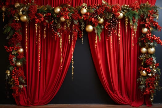 Red curtain with christmas decorations on it. Generative AI