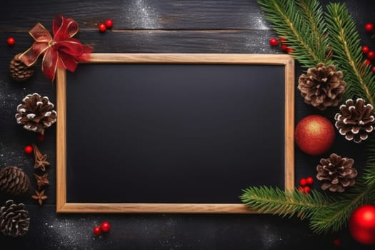 Wooden frame surrounded by christmas decorations. Generative AI