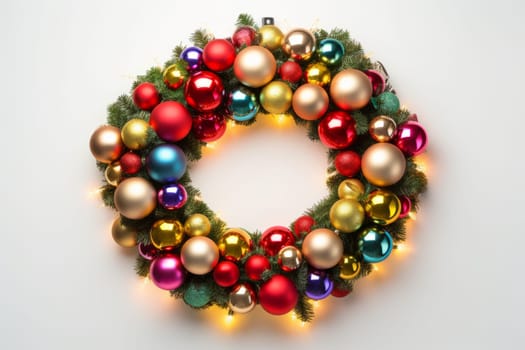 Christmas holiday wreath with lights and ornament. Generative AI