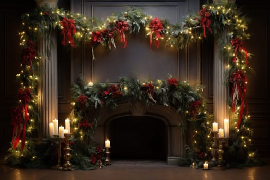 Fireplace decorated with christmas lights and greenery. Generative AI