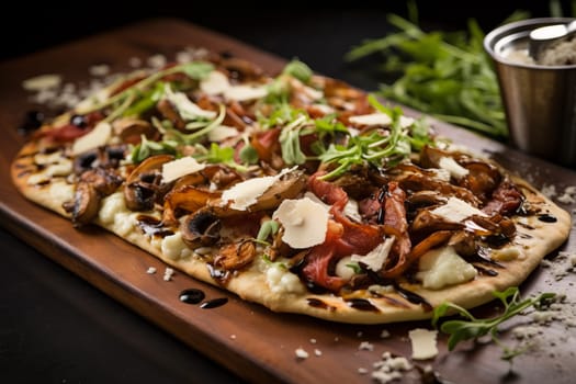 Gourmet bacon and mushroom flatbread. Generative AI