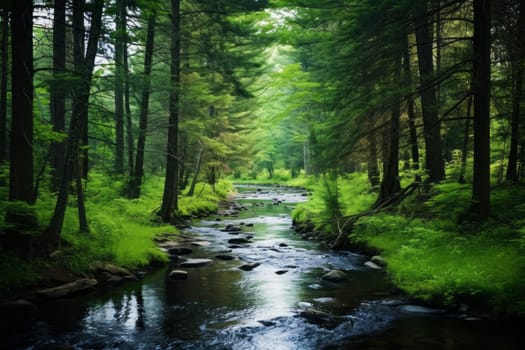 Serene Forest with Winding Creek. Generative AI