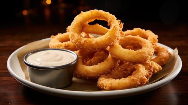 Greasy and crispy onion rings. Generative AI