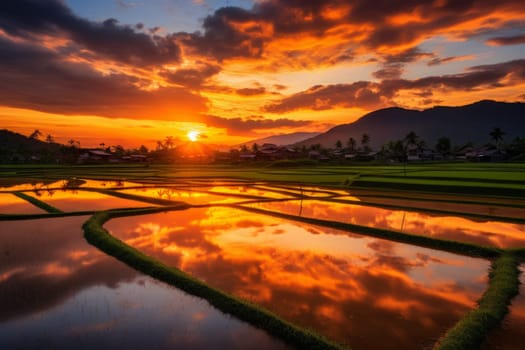 Golden sunset casting a warm glow over a picturesque paddy field. Generative AI