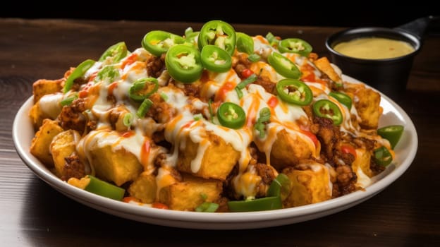 Irresistible and greasy loaded tater tot nachos. Generative AI
