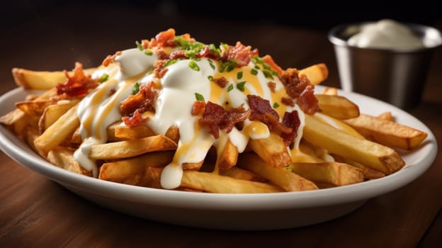 Indulgent and greasy plate of loaded cheese fries. Generative AI
