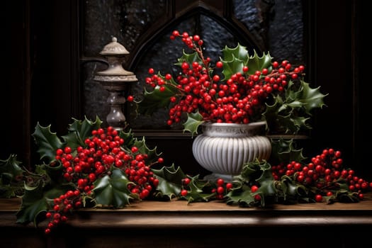 White vase filled with holly and red berries. Generative AI