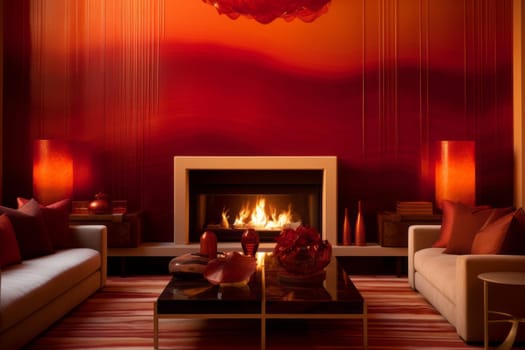 Gradient of red and gold cozy holiday fireplace.. Generative AI