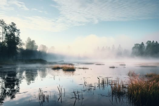 Misty morning scene with fog rising. Generative AI