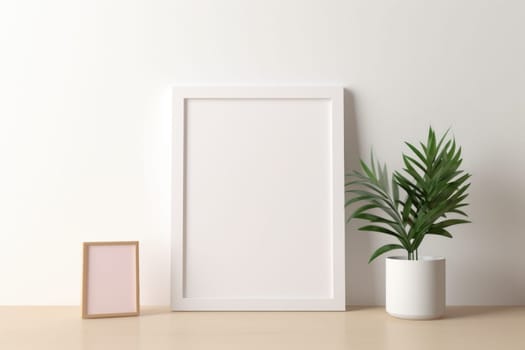 White picture frame sitting next to a potted plant. Generative AI