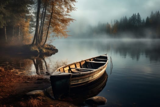 Misty lake scene with a wooden rowboat. Generative AI
