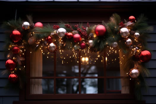Holiday garland with lights and ornaments. Generative AI