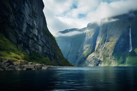 Majestic Fjord with Calm Blue Waters. Generative AI