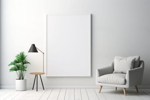 White room with a chair and a white poster. Generative AI
