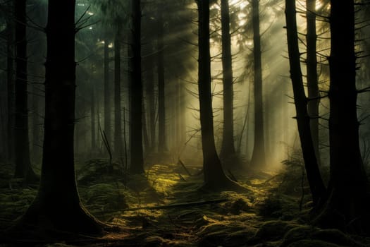 Mystic forest shrouded in mist. Generative AI