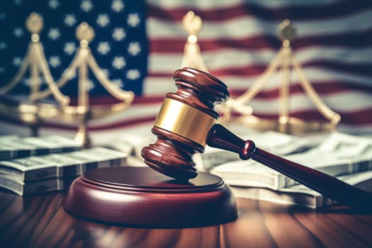 Wooden judge's gavel in front of an american flag. Generative AI