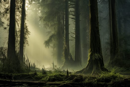 Mist Weaving Through Towering Forest Trees. Generative AI