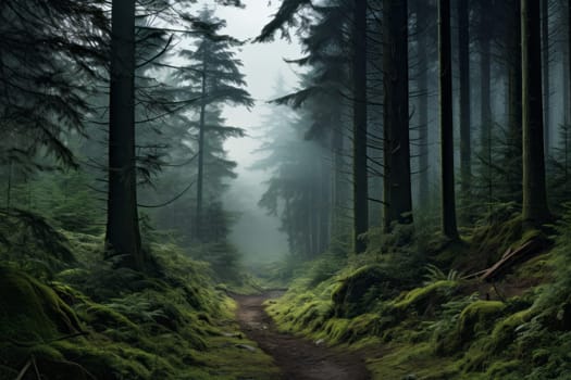 Misty forest landscape that invites exploration. Generative AI