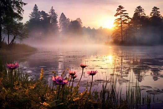 Misty morning over a tranquil lake. Generative AI