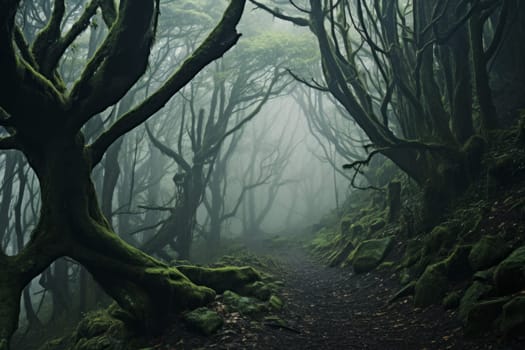 Mystical forest shrouded in fog. Generative AI