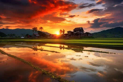 Paddy fields reflecting the warm hues of sunset. Generative AI