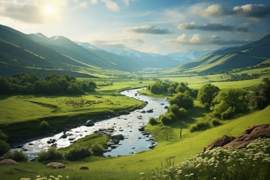 Peaceful River in Valley with Distant Hills. Generative AI