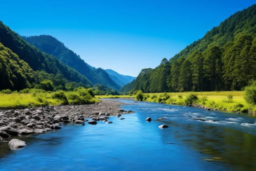 Peaceful River in Forested Valley. Generative AI