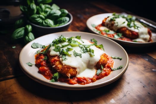 Plates of chicken parmigiana garnished with fresh basil. Generative AI