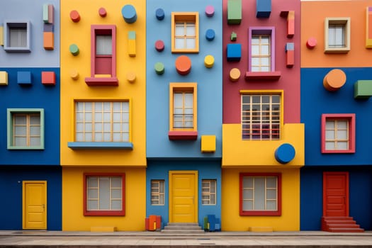 A multicolored building with multiple windows and doors. Generative AI