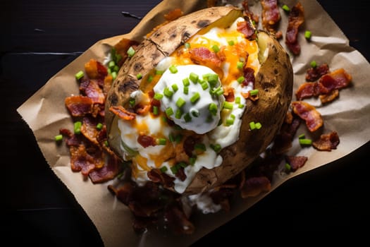 Overhead shot of a loaded baked potato. Generative AI