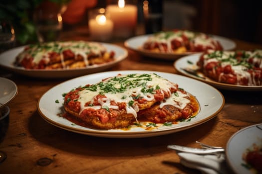 Plates of chicken parmigiana. Generative AI