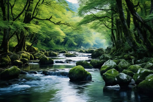 Pristine river flowing gently through a picturesque natural. Generative AI
