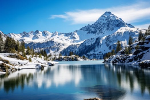 Pristine Alpine Lake Amid Snowy Peaks. Generative AI
