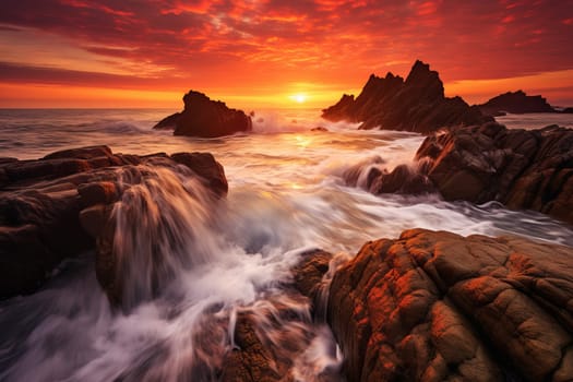 Rocky coastline and crashing waves. Generative AI