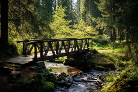 Wooden Bridge Over Quiet Stream in Forest. Generative AI