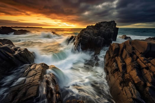 Rocky shoreline meeting crashing waves. Generative AI