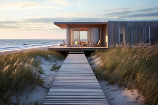 Relaxing beach house getaway with a private path. Generative AI